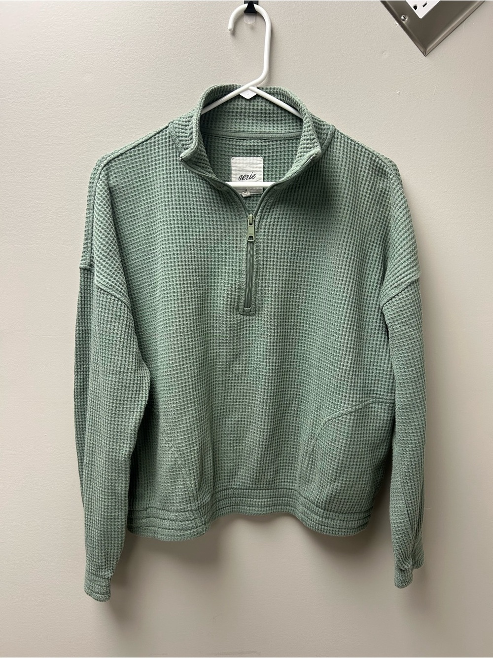 Aerie Waffleknit Quarter Zip Green Sweater